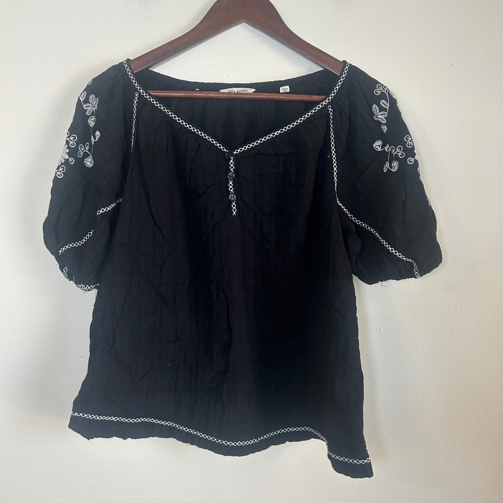 Max Studio London Embroidered Blouse Womens M Black‎ Cotton Gauze Boho Top